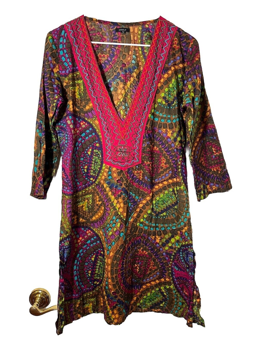 Azulu Colorful Print Beaded Cotton Summer Dress Kurta Tunic Women’s Sz M NWT